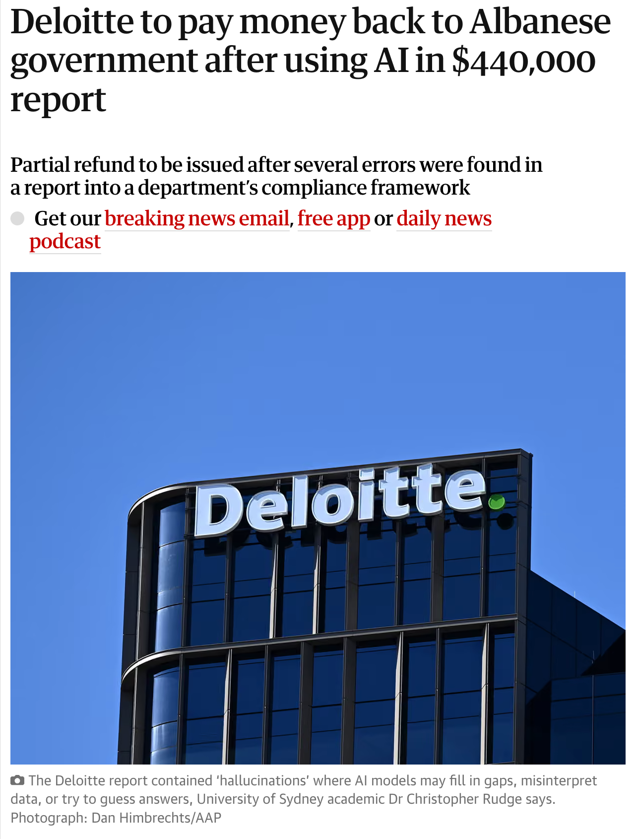 Screeshot that reads: Deloitte to pay money back to Albanese government after using AI in $440,000 report Partial refund to be issued after several errors were found in a report into a department’s compliance framework.