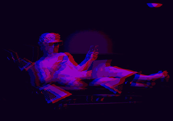 A generated image of a statue laying on a couch with many devices around and goggles on its eyes